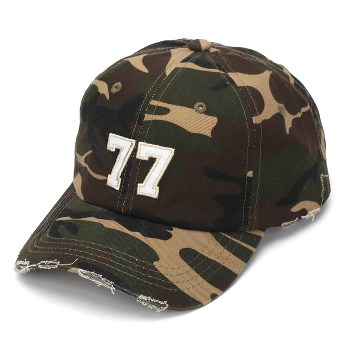 Wholesale Stylish Contrast Number 77 Baseball Cap Distressed Camo Embroidery Fashion Accessory