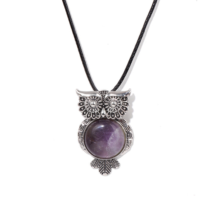 Wholesale Owl pendant necklace with semi precious stones tiger' s eye and amethyst