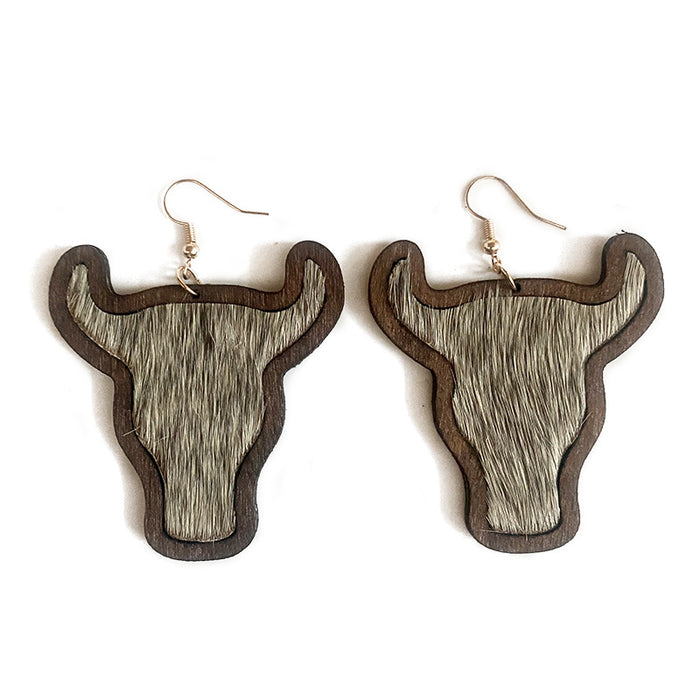 Wholesale Retro genuine leather earrings Western cow head leopard print horse hair inlaid wooden earrings