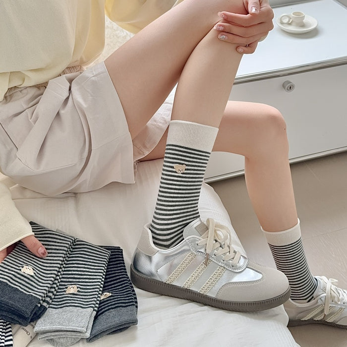 Wholesale Mid length socks, cotton socks, rolled edge striped pile socks, embroidered long socks