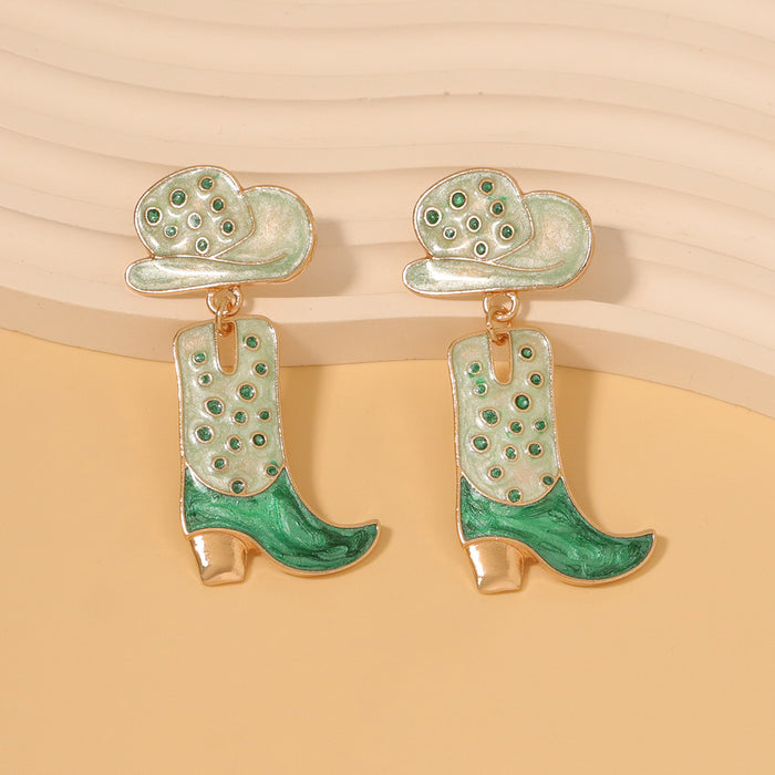 Wholesale Western denim style hat alloy oil drop boots earrings personality temperament