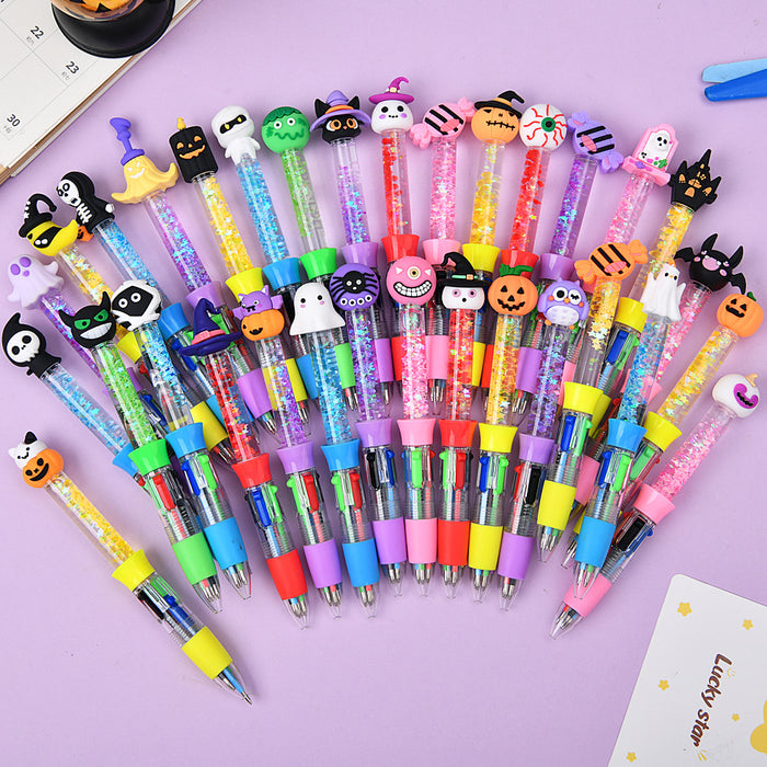 Wholesale Christmas cartoon quicksand four-color pen cute creative multi-color ballpoint pen color press pen student stationery