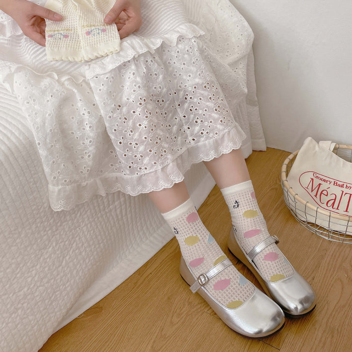 Wholesale Thin sweat absorbing milk white mid tube socks with mesh breathable lace stacking socks