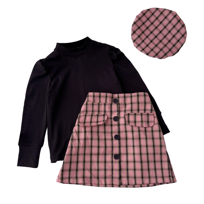 Wholesale Puff Sleeve Top Pink Plaid Short Skirt Children's Set JDC-CTS-DuoEr008