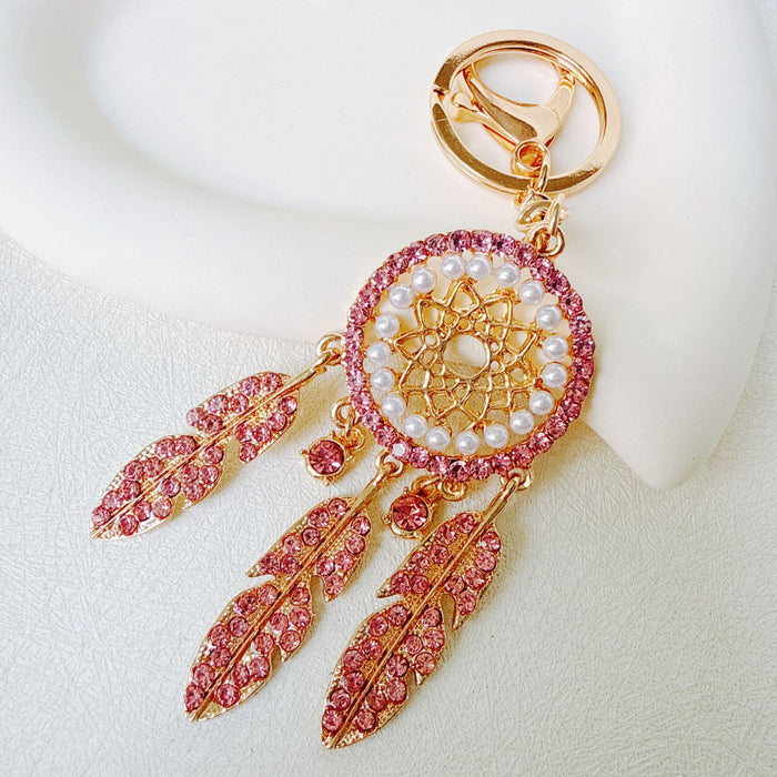 Wholesale Pink Dream Catcher Keychain Rhinestone Tassel Feather Zinc Alloy Chic Gift MOQ≥12