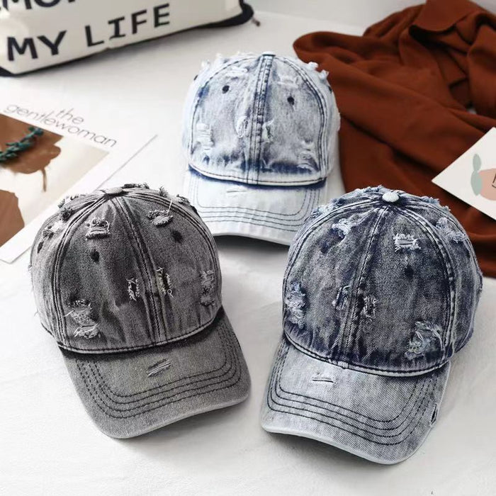 Wholesale British ripped hat, vintage distressed washed denim baseball cap, outdoor sun shading and sun protection, curved brim duckbill cap