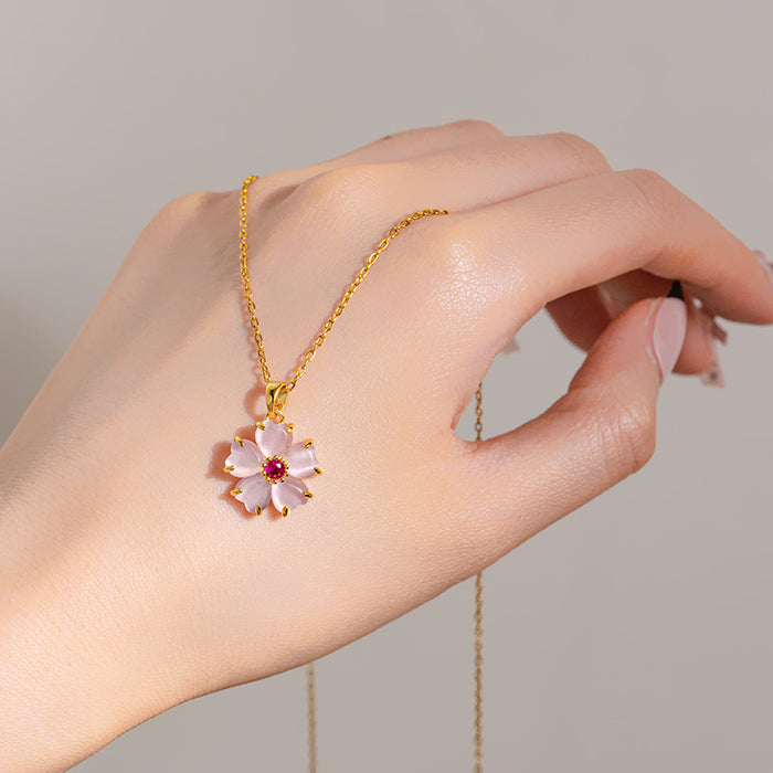 Wholesale pink cherry blossom pendant titanium steel necklace female