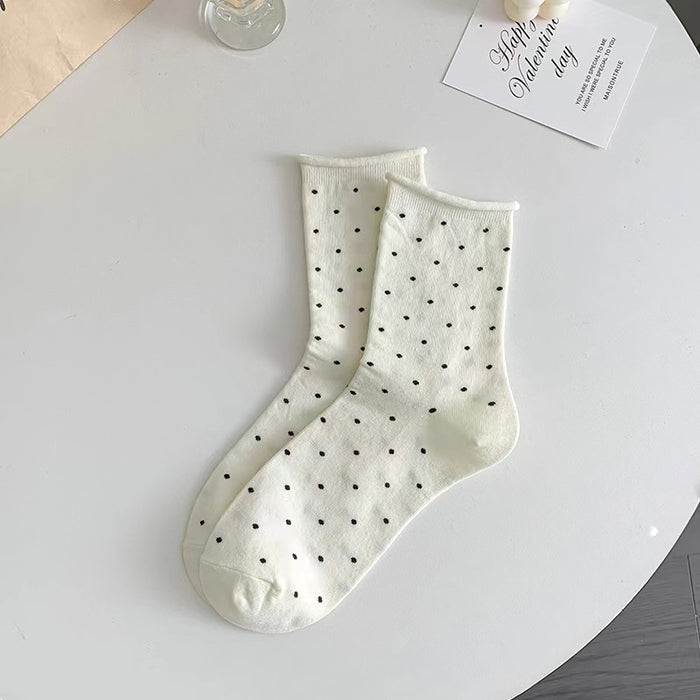Wholesale Curled edge polka dot socks, mid tube socks, anti odor and sweat absorbing, summer thin style, spring and autumn breathable pile socks