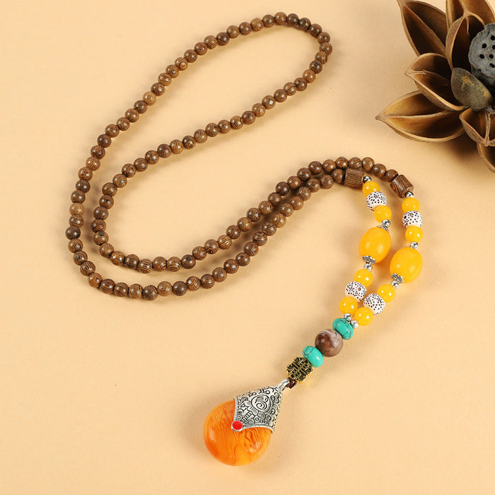 Wholesale Long Cotton and Linen Accessories Wooden Pendant Buddhist Beads Necklace JDC-NE-Luox003