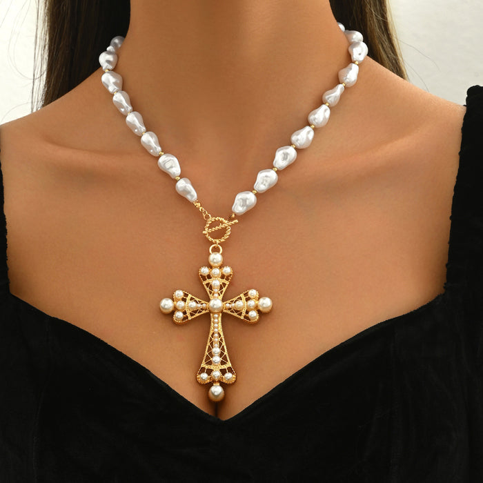 Wholesale Jewelry Punk Style Pearl Cross Necklace