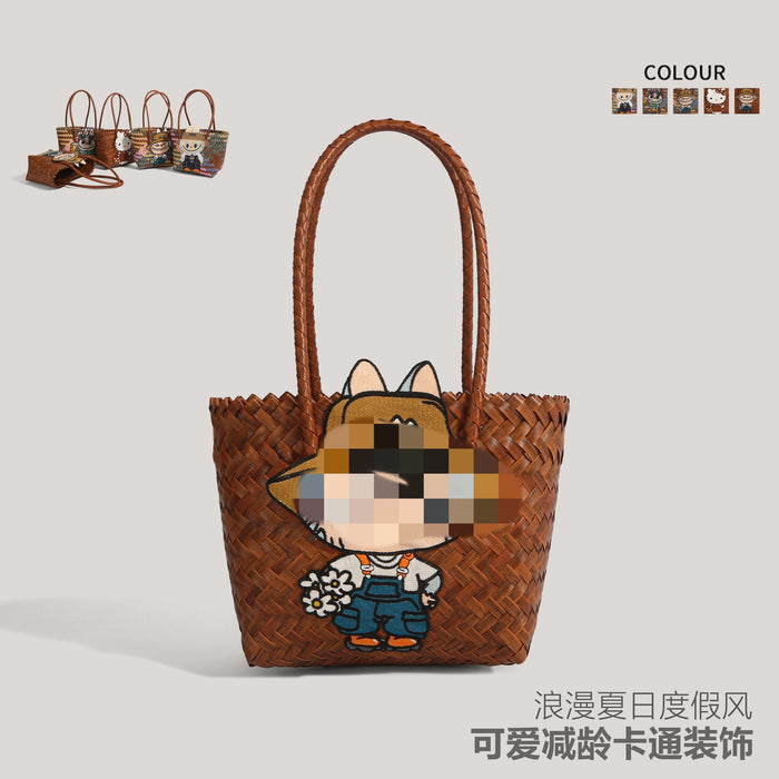 Wholesale  Summer Cartoon Woven Bag Large Capacity Work Bag Hand Woven Vegetable Basket Women' s Shoulder Bag