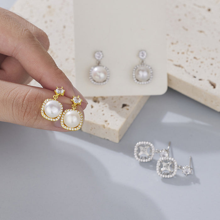 Wholesale Square Diamond Zirconia Pearl Earrings JDC-ES-YZS003