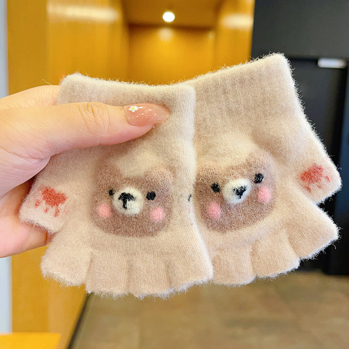 Wholesale Children' s Gloves Autumn and Winter Warm Cute Cartoon  Girls'  Half-Finger Flip Cover Baby Thickened Warm Five-Finger Set