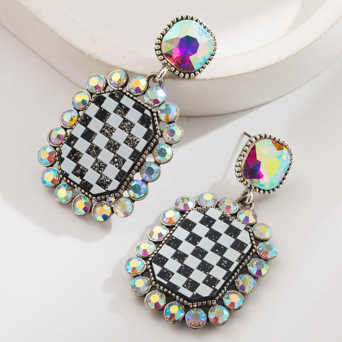 Wholesale Rhinestone-studded checkered alloy square stud earrings