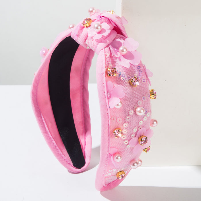 Wholesale Valentine' s Day Fabric Pearl Rhinestone Sequin Flower Headband