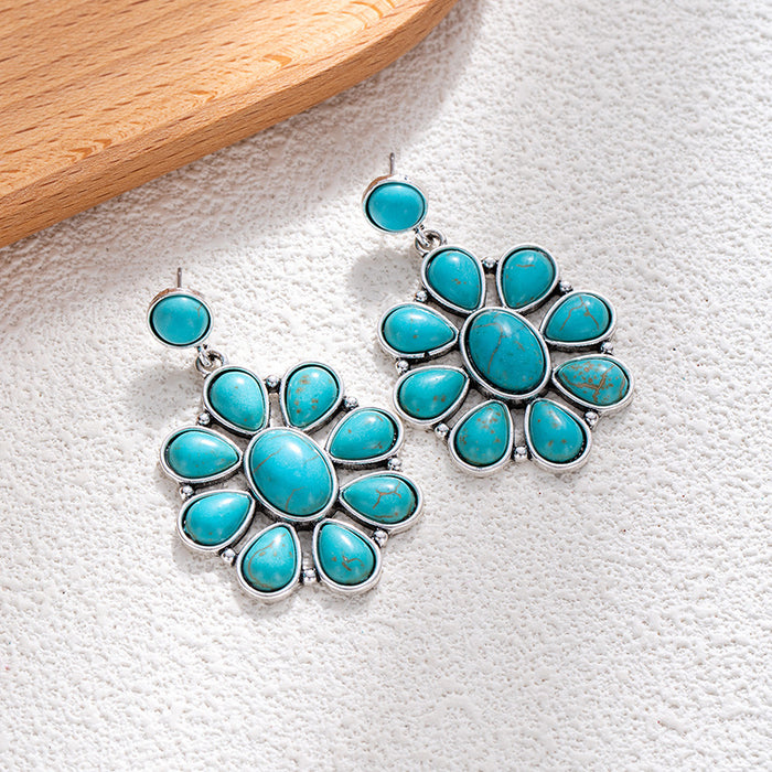 Wholesale Retro ethnic turquoise flower earrings