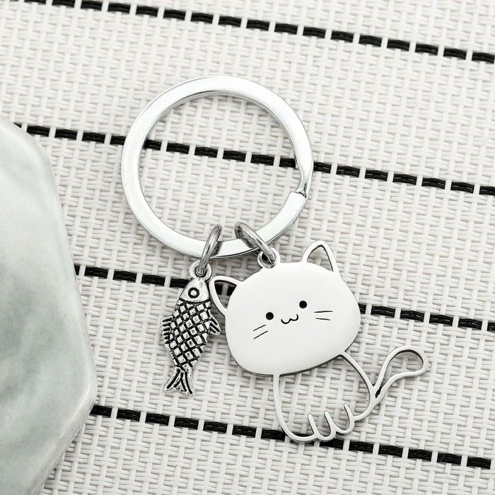 Wholesale Cute Cartoon Cat Eating Fish Stainless Steel Keychain JDC-KC-JunL005