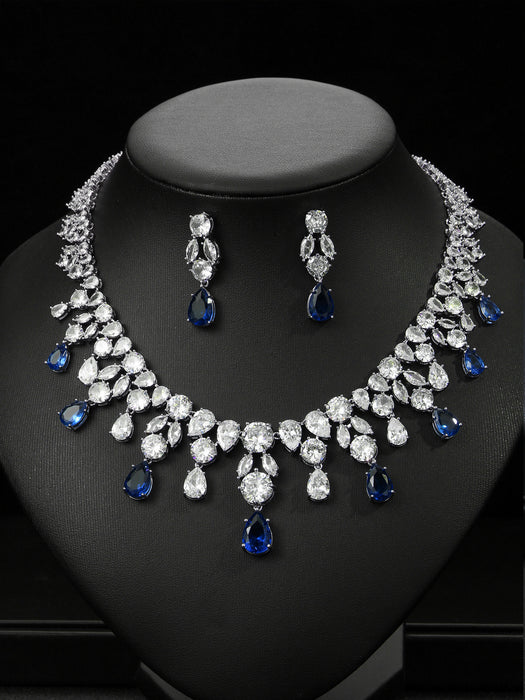 Wholesale Zircon Necklace Earrings Set Bride Wedding Dress Dinner Jewelry Water Drop Full of Diamonds