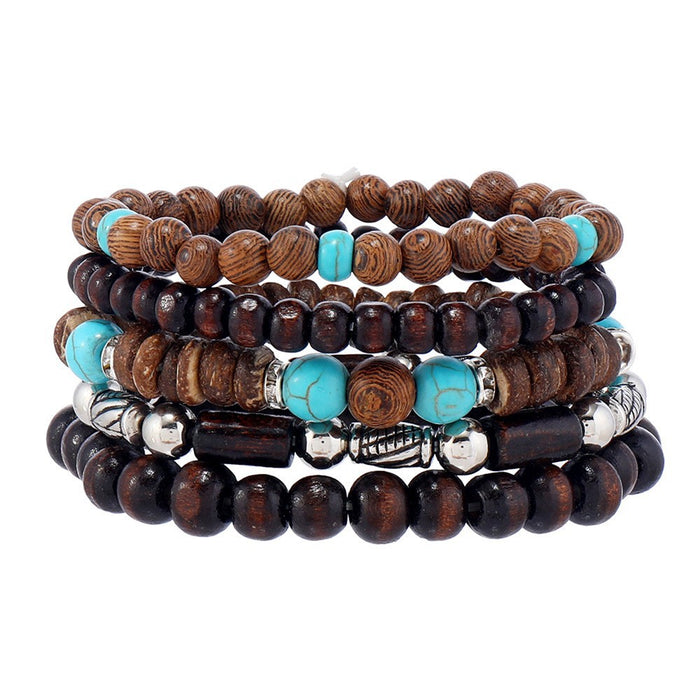 Wholesale New Retro Style Wooden Beads Turquoise Alloy Accessories Mixed Bracelets Men's Beaded Bracelet Set JDC-BT-XH005