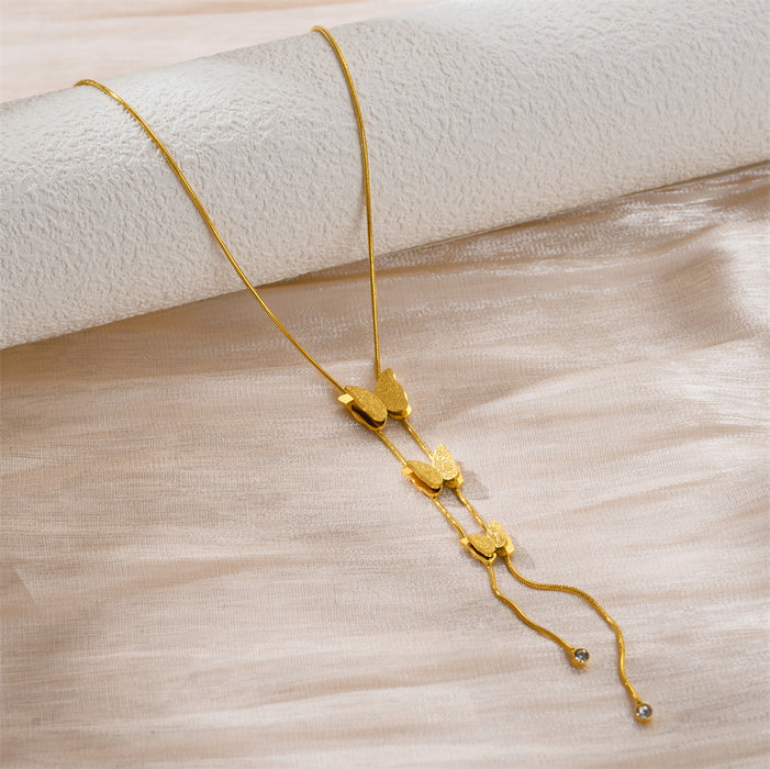 Wholesale Full body titanium steel three-dimensional tassel butterfly pendant titanium steel necklace versatile fashion long style collarbone chain accessory