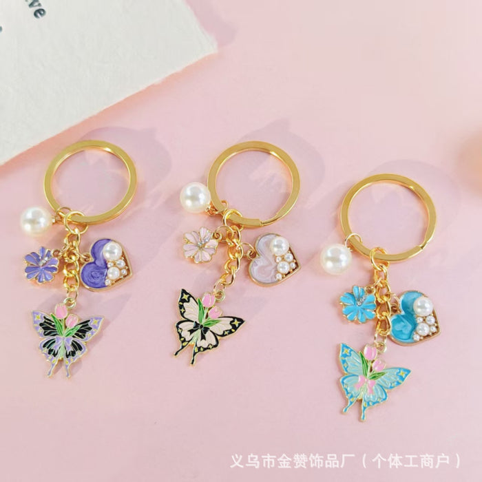 Wholesale Butterfly Flower Keychain Mother' s Day Metal Bag Pendant Exquisite High-end Pearl Flower Gift