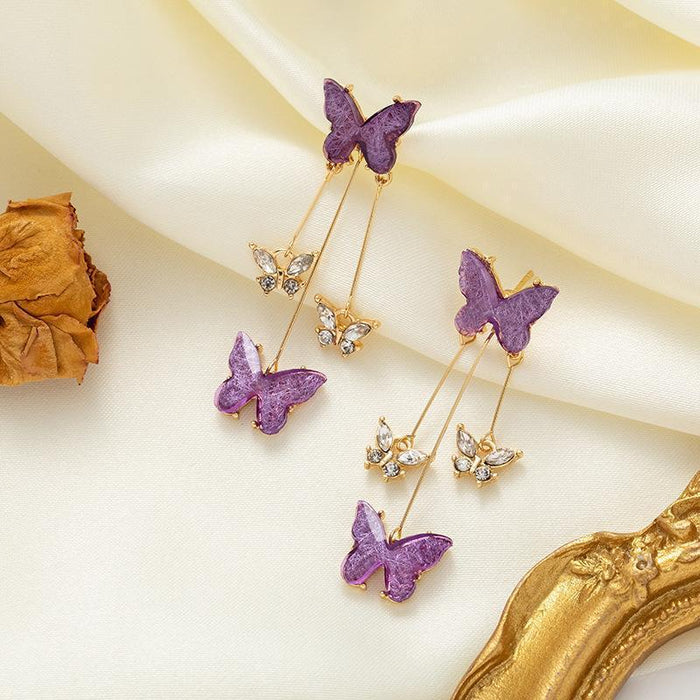 Wholesale Silver Butterfly Tassel Earrings High-end Earrings Elegant Diamond Pearl Long Earrings