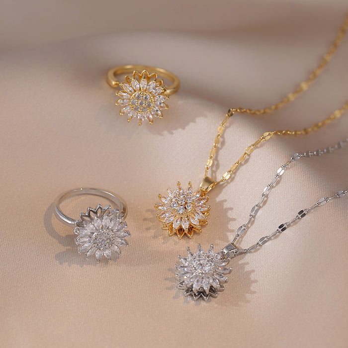 Wholesale Necklace, sunflower, new diamond studded ring, rotatable collarbone chain accessory