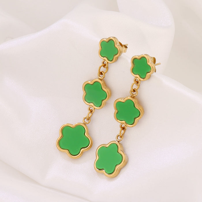 Wholesale Stainless Steel Five-Leaf Clover Earrings Niche Versatile Tassel Ear Studs,  Earrings,  Ear Accessories