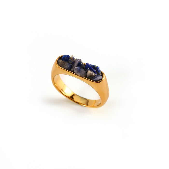 Wholesale Original design: Gold stainless steel inlaid with natural crushed stone ring, fashionable and trendy, multi colored jewelry wholesale
