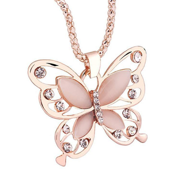 Wholesale Long Opal Hollow Butterfly Elegant Diamond Lovely Sweater Chain Clothing All-match Long Jewelry Necklace