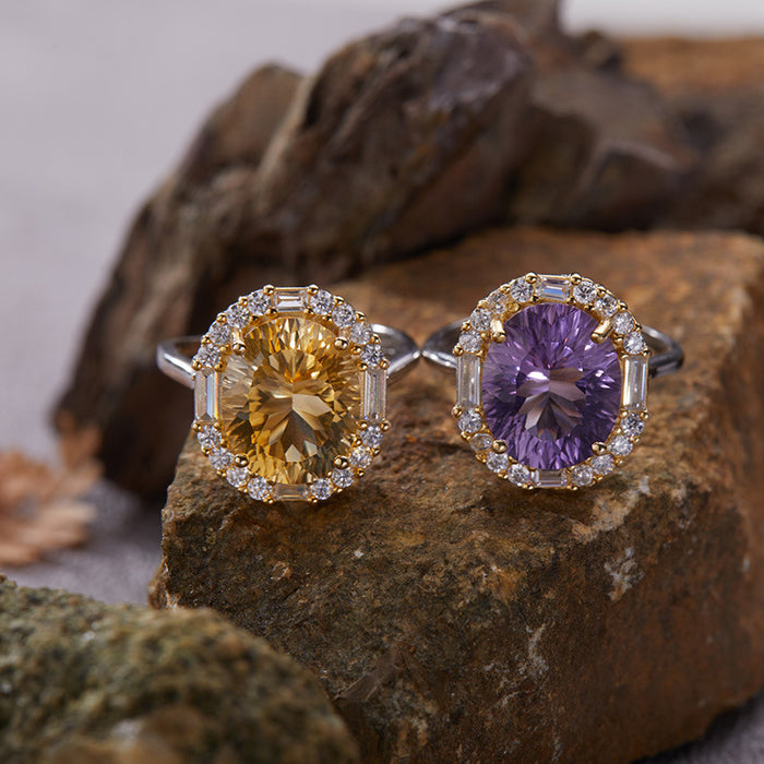 Wholesale Pure silver natural yellow amethyst color treasure ring, high-end jewelry, niche large carat index finger ring