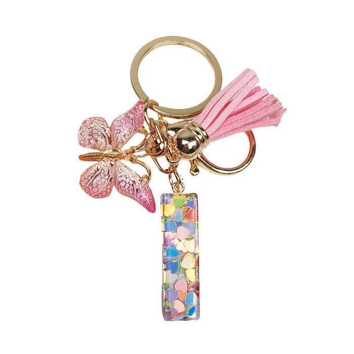 Wholesale Fashion pink letter key chain love sequins butterfly tassel key chain crystal  accessories