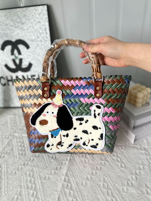 Wholesale Dachshund Striped Straw Bag Retro Woven Vegetable Basket Small Square Bag Commuter Tote Bag Shoulder Bag Cross-Border