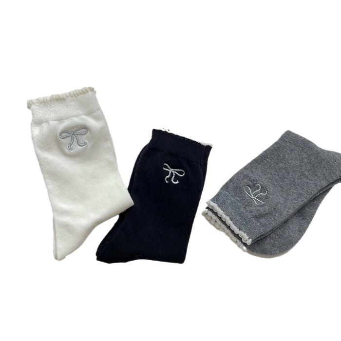 Wholesale Silver wire bow versatile embroidery mid tube socks pile socks socks