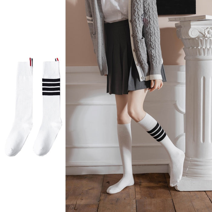 Wholesale Socks men's and women's mid length gray four bar striped pure cotton calf socks