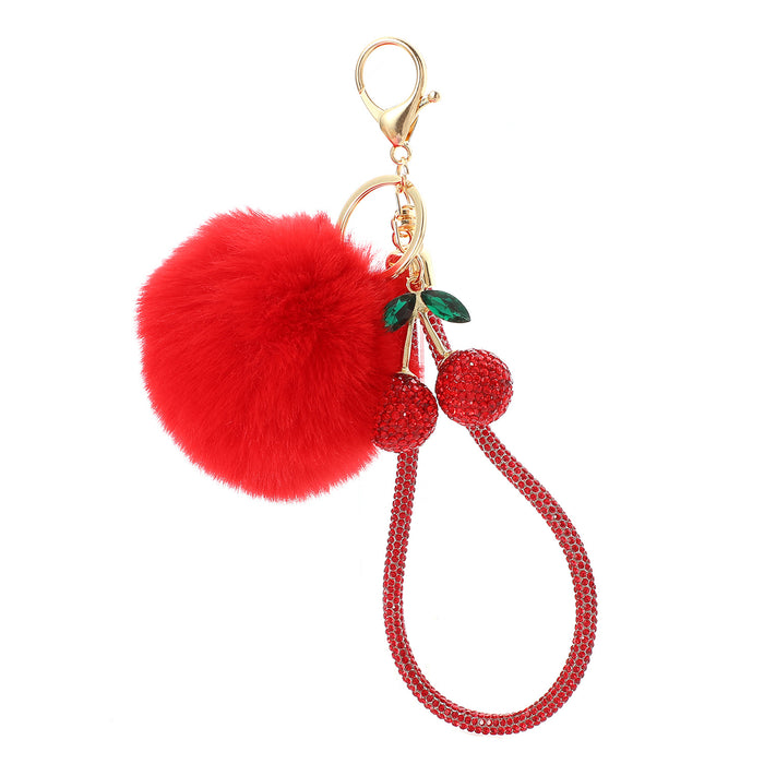 Wholesale Simulation Fruit Crystal Cherry Pom Pom Keychain with Rhinestone Decoration