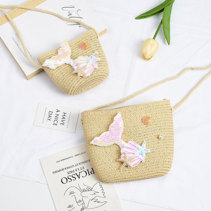 Wholesale Straw Mermaid Crossbody Bag for Girls Cute Summer Beach Purse Resale Gift