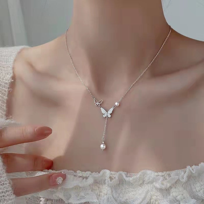 Wholesale New butterfly inspired pearl studded diamond necklace with luxurious design and collarbone chain