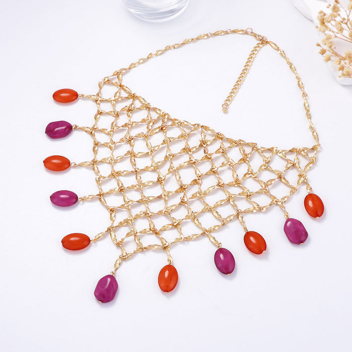 Wholesale Beaded Metal Mesh Pendant Necklace Versatile and Casual