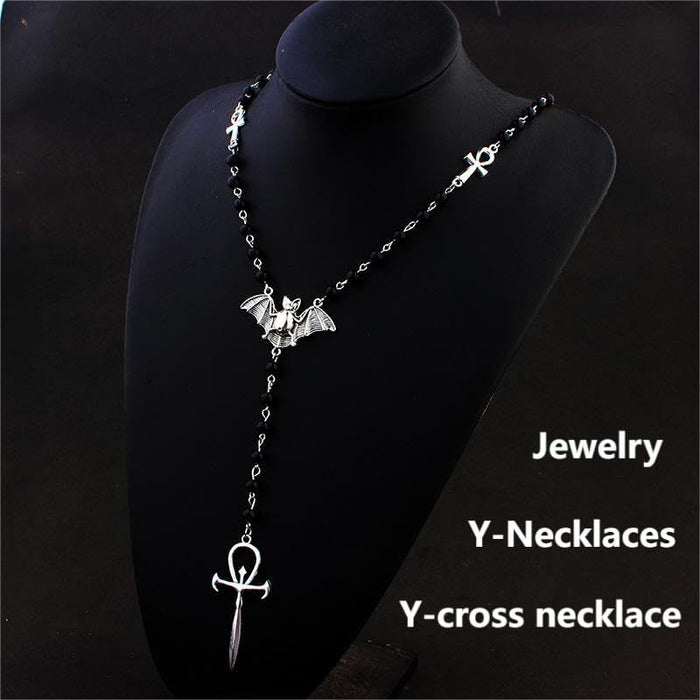 Wholesale Gothic Vampire Bat Cross Necklace  Jewelry Accessory Pearl Chain Zinc Alloy Boutique Resale Gift
