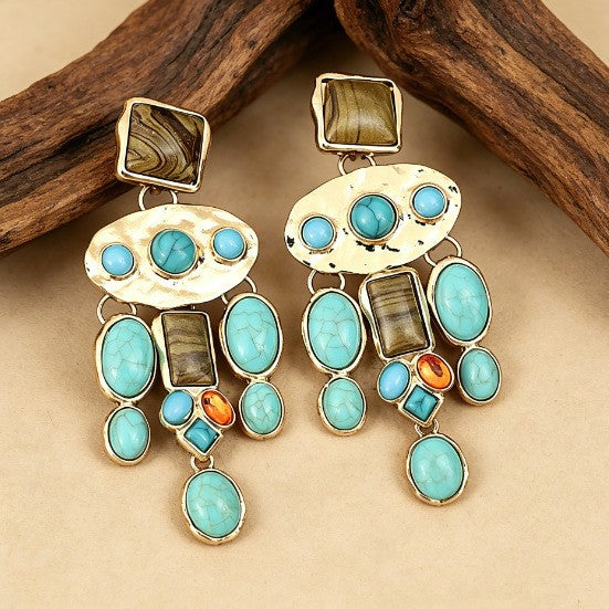 Wholesale Ethnic Style Turquoise Tassel Earrings Creative Vintage Earrings Long Style with Inlaid Turquoise