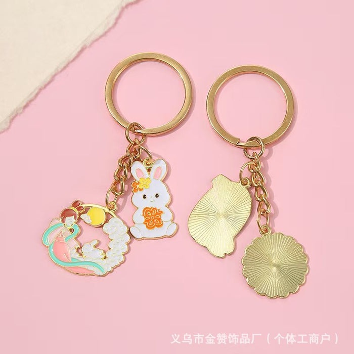 Wholesale Cartoon keychain pendant metal jade rabbit moon cake creative Mid-Autumn Festival souvenir pendant gift small gift