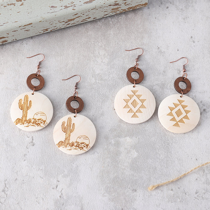 Wholesale Bohemian Western style cactus sun Aztec pattern wooden laser disc ing earrings