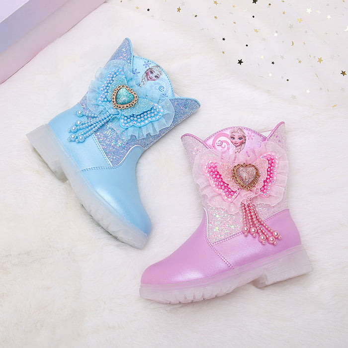 Wholesale Children's Leather Boots Barbie Pink Princess Girl Sequins Bow Bead Warm High Top Cotton Boots JDC-KS-SB009