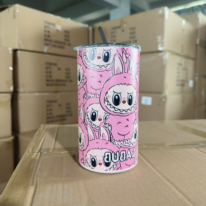 Wholesale stainless steel thermos cup printing cartoon high color value suction tube cup portable large capacity ice coffee cup