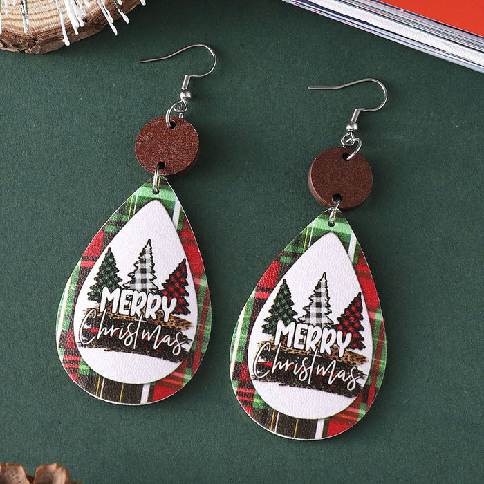 Wholesale Christmas Leopard Plaid Tree  Leather Wood  Earrings