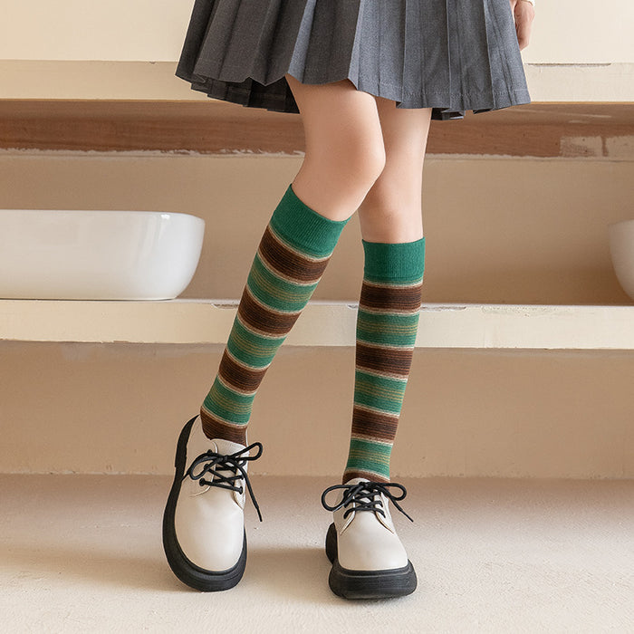 Wholesale Women's cotton calf socks with striped pattern, cute and personalized design, versatile long tube women's socks