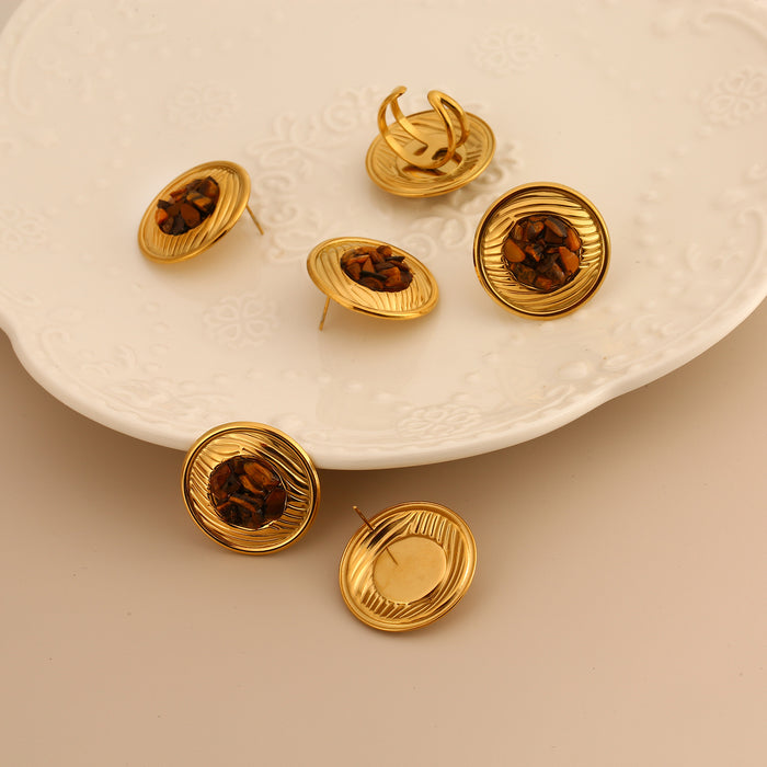 Wholesale New Fashionable Luxury Design Stainless Steel Circular Texture Set with Natural Stone Opening Ring and Earring Set