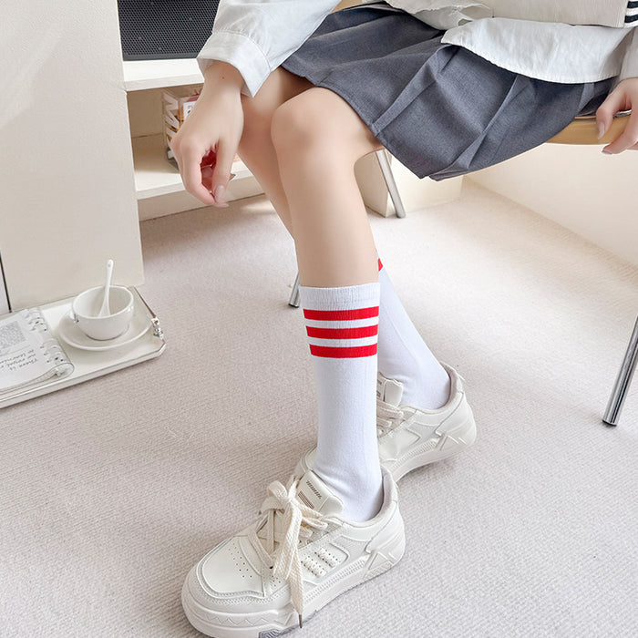 Wholesale Combed cotton three bar striped socks with straight leg and high leg design, versatile socks