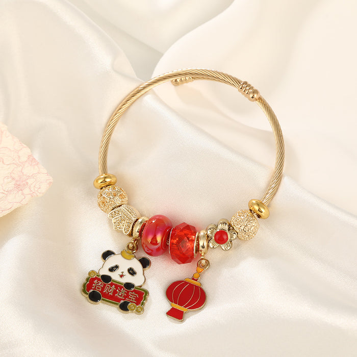 Wholesale Stainless Steel Cartoon Panda Bracelet with Red Lantern Pendant MOQ≥2